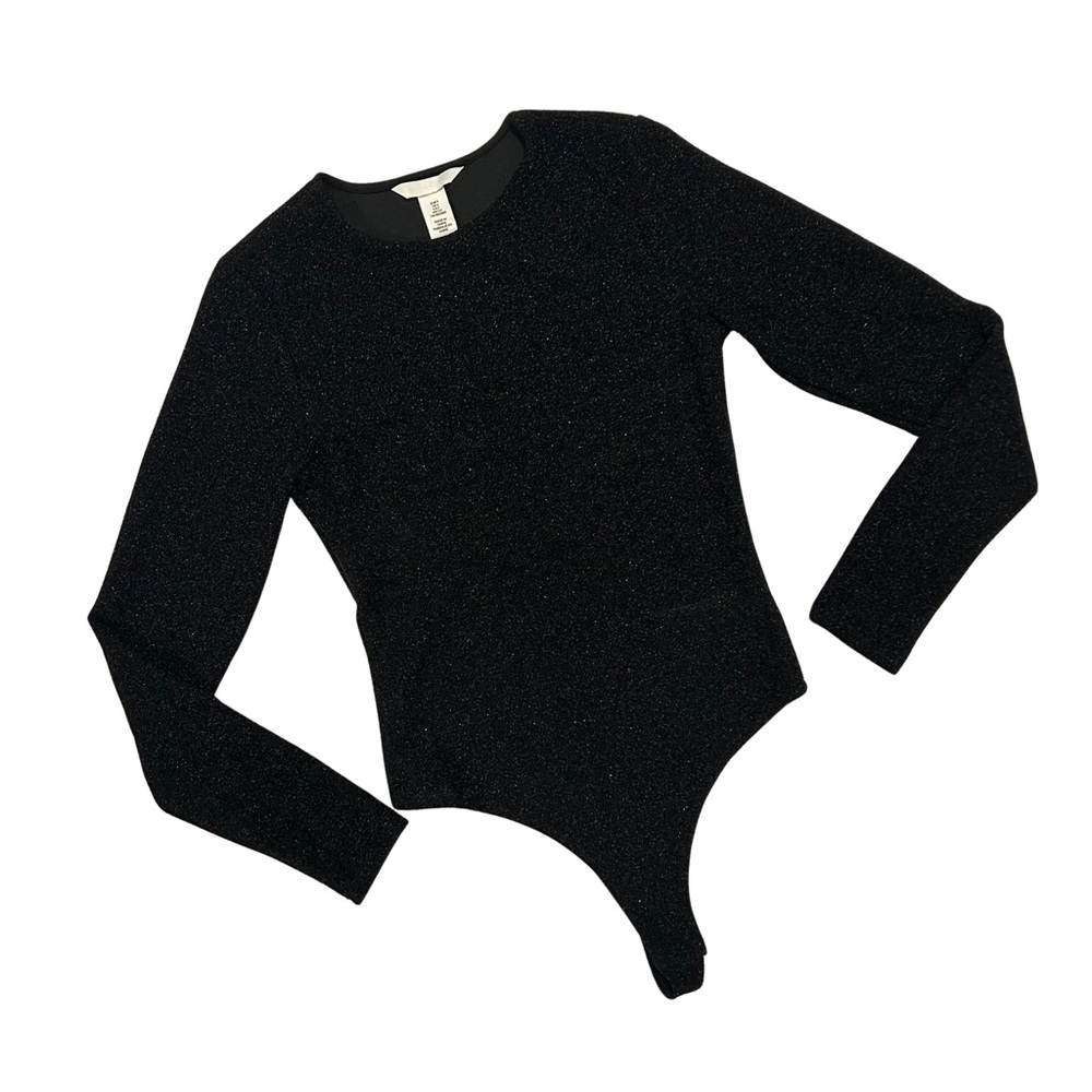 H&M Women’s Sparkly Shimmer Black Fitted Long Sleeve Snap Bodysuit